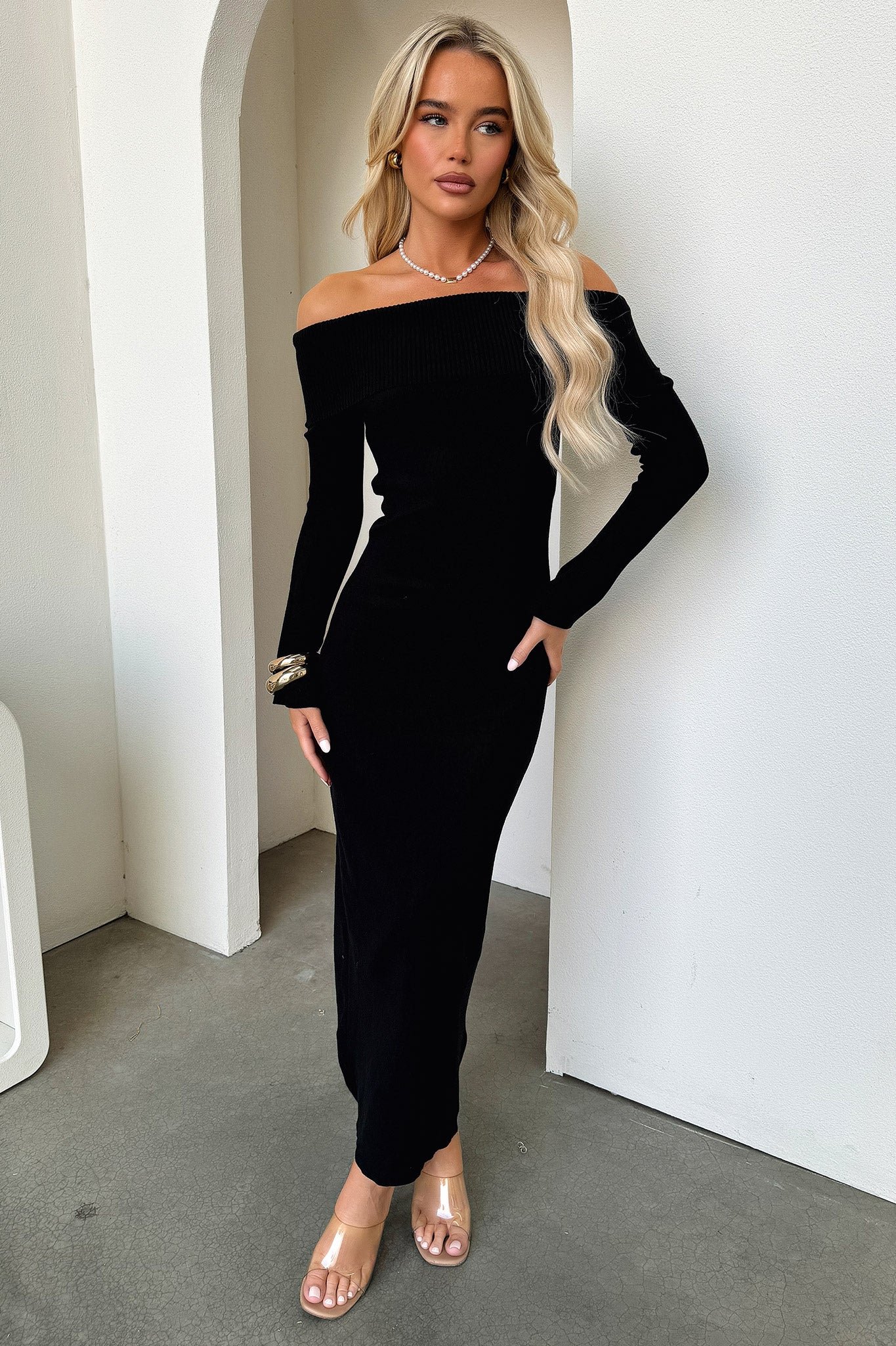 Aaliyah Off Shoulder Knit Maxi Dress - Black - Image 4
