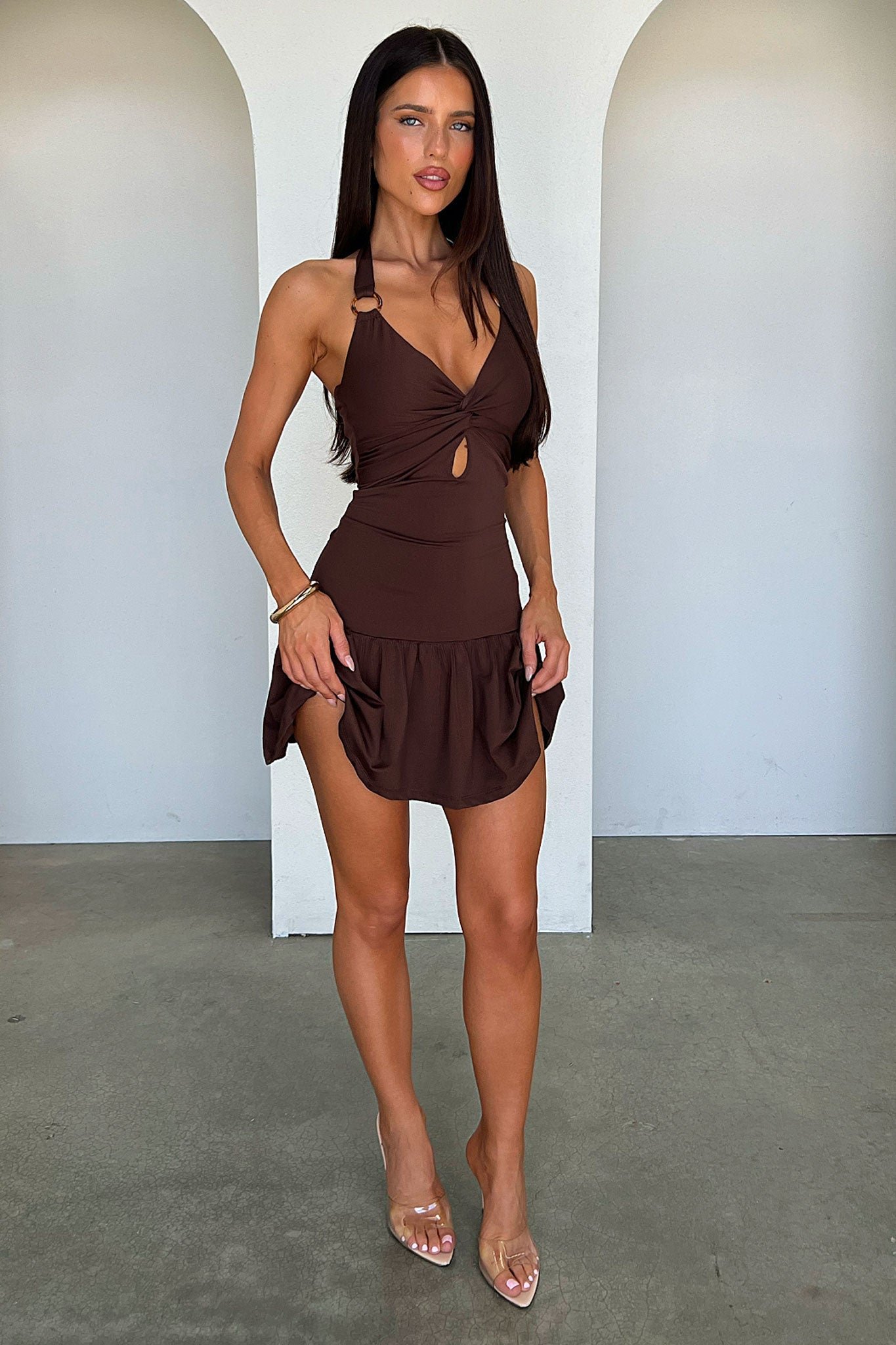 Briony Halter Neck Mini Dress - Brown - Image 2