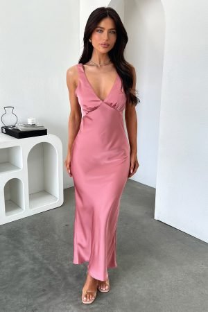 Delayne V-Neck Satin Midi Dress - Rose