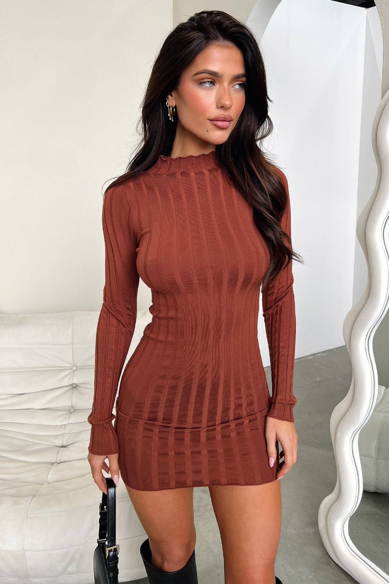 Emily Long Sleeve Turtle Neck Dress - Brown - Image 6
