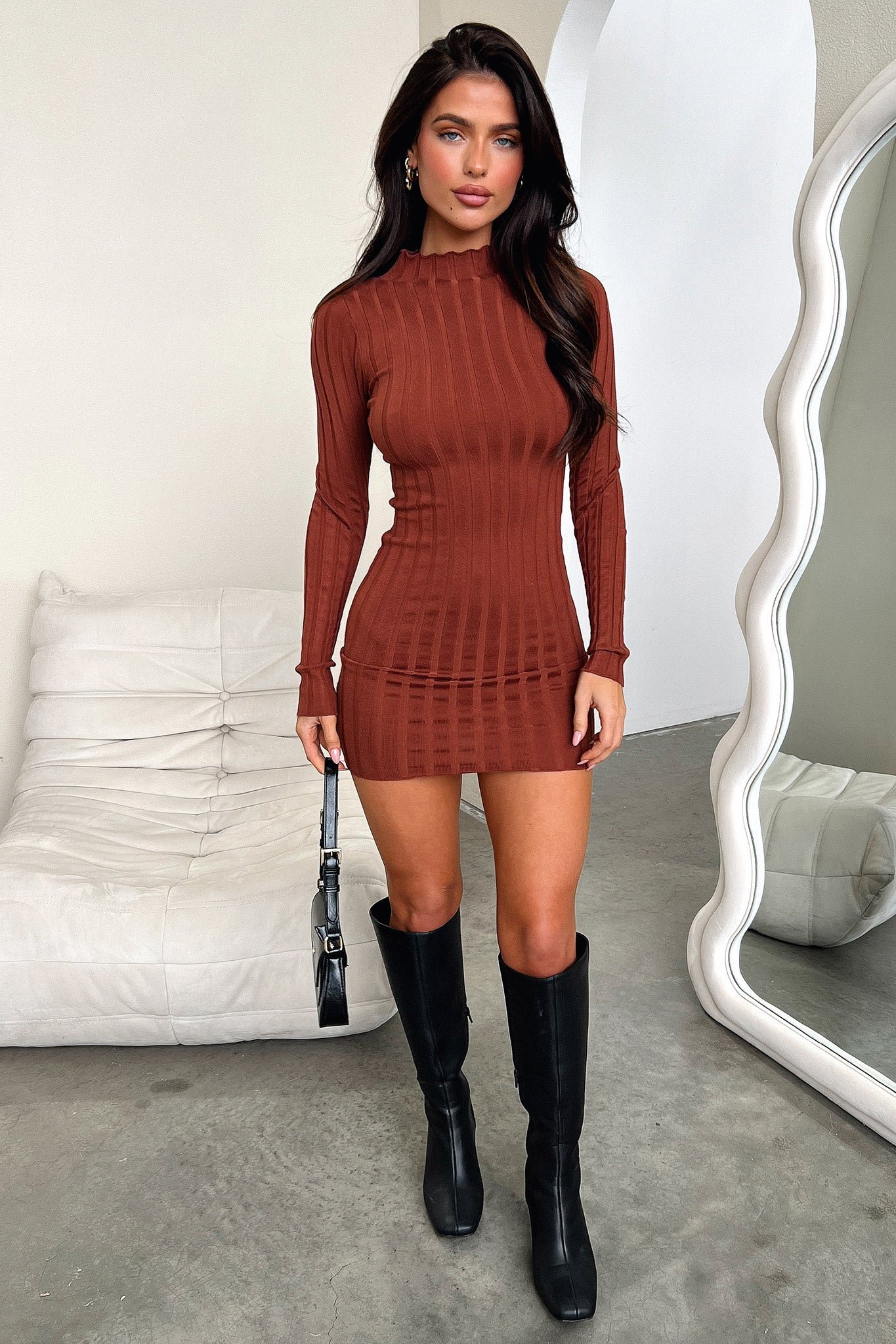 Emily Long Sleeve Turtle Neck Dress - Brown - Image 5