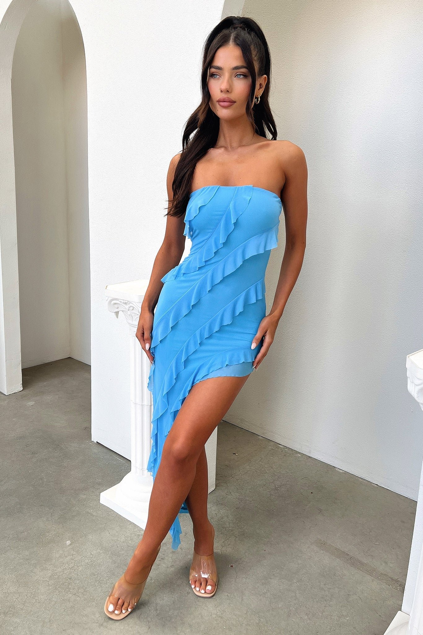 Jadore Strapless Ruffle Midi Dress - Blue - Image 6