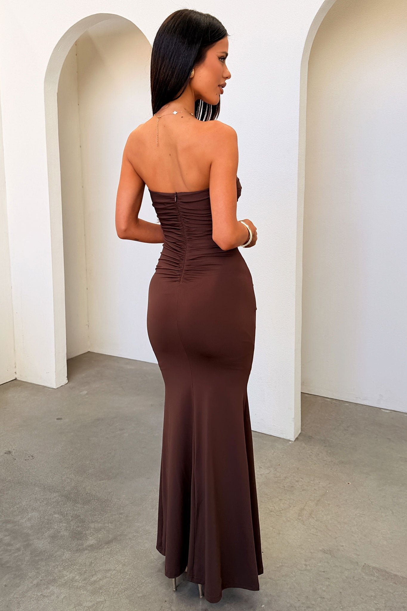 Monique Strapless Wrap Maxi Dress - Brown - Image 5