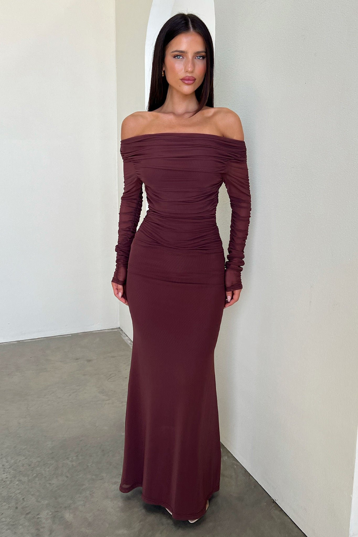 Rowan Long Sleeve Mesh Maxi Dress - Brown - Image 3