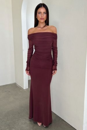 Rowan Long Sleeve Mesh Maxi Dress -  Brown