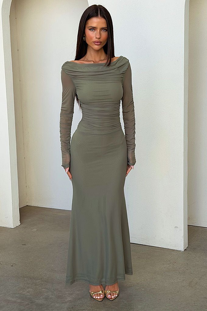 Rowan Long Sleeve Mesh Maxi Dress - Khaki - Image 5